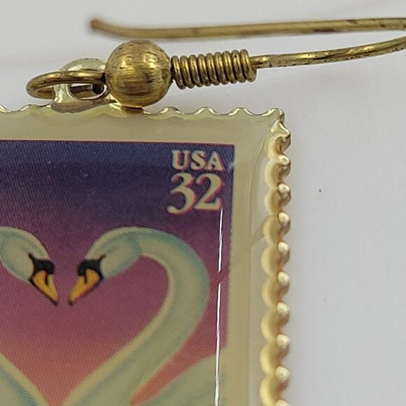 Swan Love 32 Cent Stamp Dangle Earrings Heart Gold Tone Postage Mail USA - Picture 6 of 12
